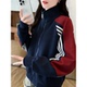 潮牌宽松大码 卫衣女秋冬季 设计感撞色外套 插肩立领三条杠开衫 美式