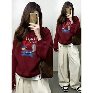 酒红色正肩圆领无帽卫衣女秋冬新爆款 上衣潮 卡通印花宽松加绒大码
