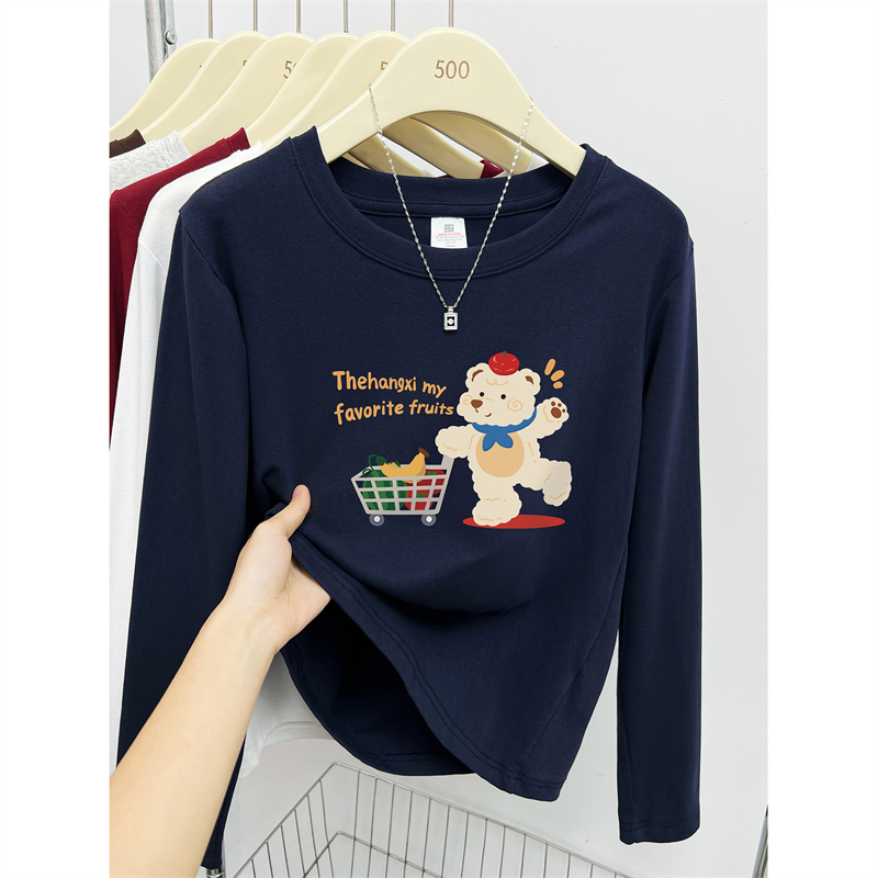 正肩长袖t恤女装大码洋气圆领印花早秋季新款韩版休闲打底衫上衣