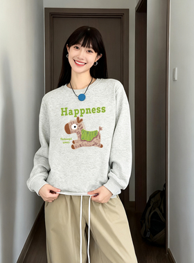 白灰色圆领无帽正肩卫衣女2025秋冬加绒加厚卡通印花小众大码女装