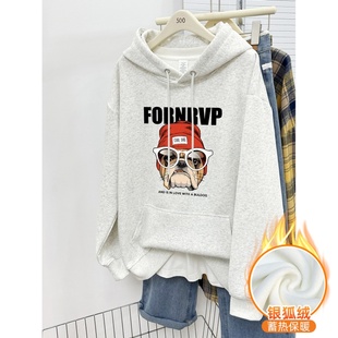 加绒加厚上衣 宽松大码 白灰色潮牌狗狗印花连帽卫衣女秋冬季 中长款
