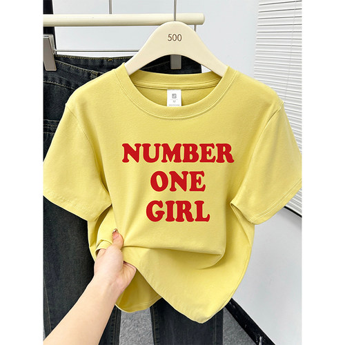 chic字母休闲洋气百搭正肩圆领短袖t恤女韩版夏新款大码别致上衣
