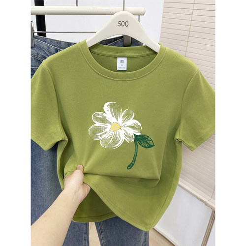 大码女装胖mm花朵印花时尚休闲2025夏季新款正肩短袖T恤圆领上衣
