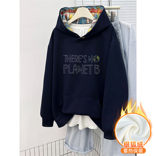 套头上衣 加绒加厚胖mm大码 韩版 设计感撞色格子纽扣连帽卫衣女冬季