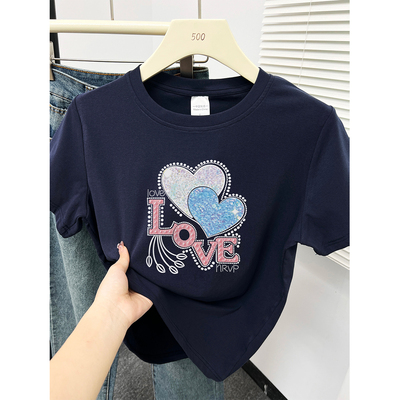 藏蓝色正肩大码短袖t恤女夏季韩版设计感爱心字母印花圆领上衣潮