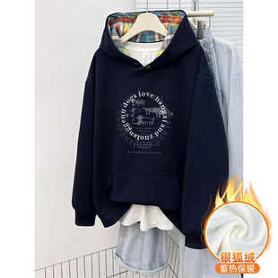 上衣潮 加绒加厚宽松大码 设计感撞色格子纽扣连帽衫 套头卫衣女冬季