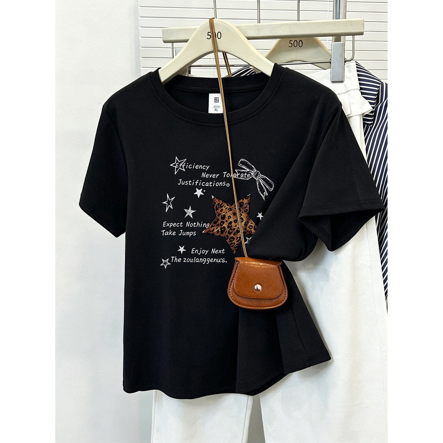 韩版豹纹星星蝴蝶结印花正肩T恤女大码遮肉圆领短袖日常通勤上衣