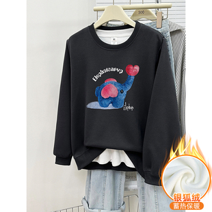 休闲套头长袖 时尚 上衣潮 加绒加厚正肩圆领卫衣女胖mm大码 秋冬新款