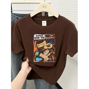 大码 胖MM时尚 遮肚子圆领上衣 t恤女2026春夏新款 复古棕色正肩短袖