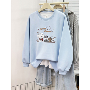 天蓝色圆领正肩卫衣女2025秋冬新款 加厚上衣 卡通小狗印花宽松大码