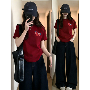 新年红圆领正肩短袖t恤女夏季高级感大码宽松显瘦小马印花上衣潮