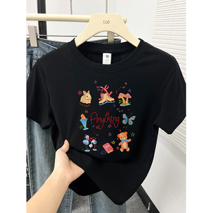 小个子圆领百搭 t恤女夏2025新款 韩版 减龄印花设计感圆领正肩短袖