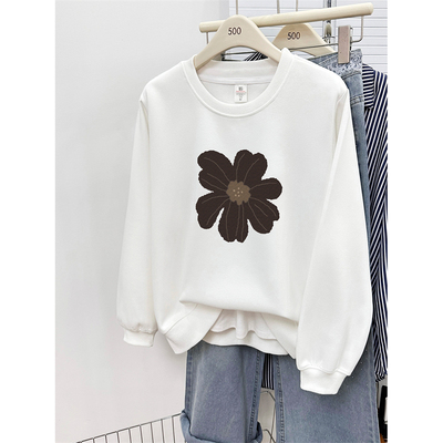 韩版花朵印花圆领正肩卫衣女秋冬2025年新款加绒加厚宽松大码上衣