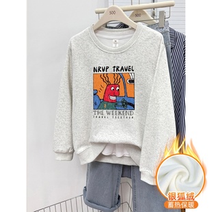 圆领套头衫 长袖 上衣 加绒加厚潮牌宽松大码 白灰色正肩卫衣女秋冬季