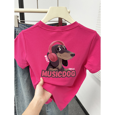 卡通小狗印花短袖T恤女装2025新款爆款时尚圆领正肩小版上衣潮夏
