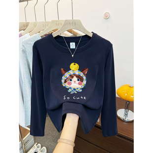 韩版藏蓝色猫咪印花正肩长袖T恤女款早秋季大码显瘦洋气圆领上衣
