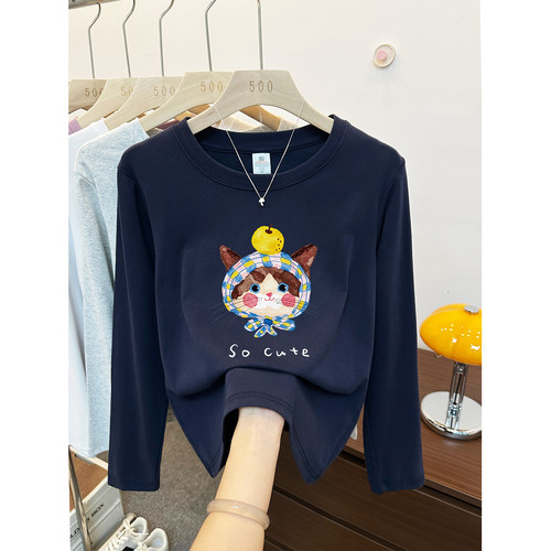 韩版藏蓝色猫咪印花正肩长袖T恤女款早秋季大码显瘦洋气圆领上衣