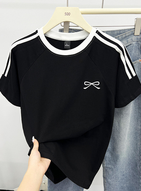 纯棉三条杠短袖T恤女装2024夏季新款overszie宽松高街半袖上衣潮