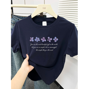 韩系花朵字母印花微胖女装夏季圆领短袖大码显瘦正肩T恤半袖上衣