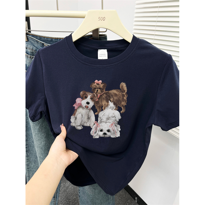 特大码女装正肩短袖T恤小狗印花夏新款大码女装胖mm遮肉显瘦上衣