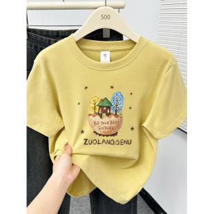 姜黄色别致印花正肩短袖T恤女装微胖mm新款大码显瘦百搭圆领上衣
