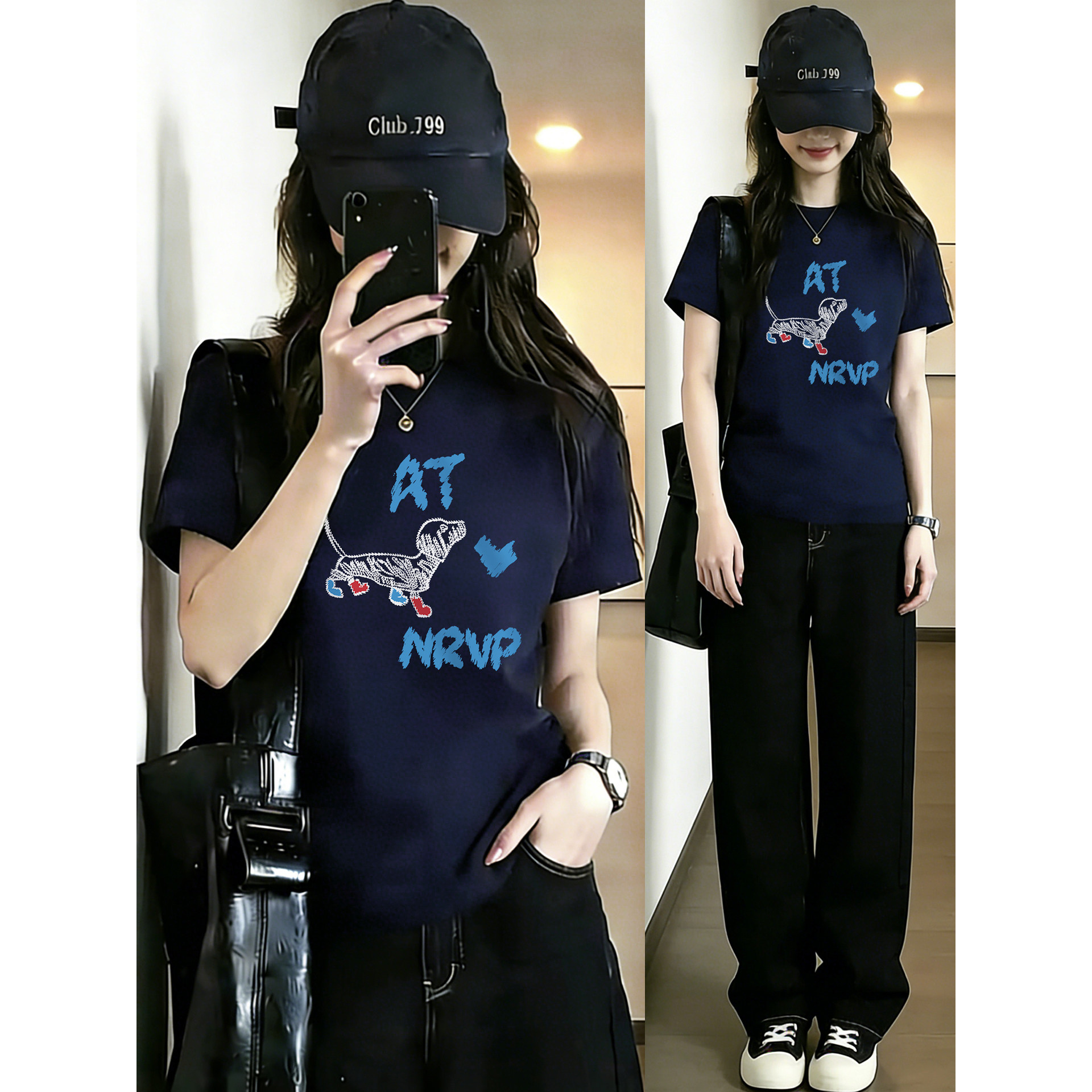 时尚洋气藏蓝色腊肠狗印花正肩短袖T恤女夏季新款圆领大码上衣潮