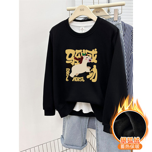 套头衫 加绒加厚宽松大码 圆领上衣潮 正肩黑色卫衣女秋冬季 2026新款