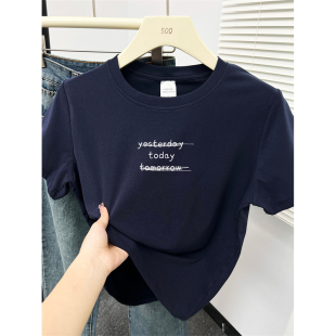 t恤女夏季 新款 胖mm正肩短袖 休闲简约字母印花大码 圆领上衣服 韩版