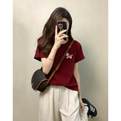 新款 复古正肩短袖 t恤女2026夏季 新年小马印花本命年遮肉显瘦上衣