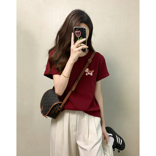 复古正肩短袖t恤女2026夏季新款新年小马印花本命年遮肉显瘦上衣