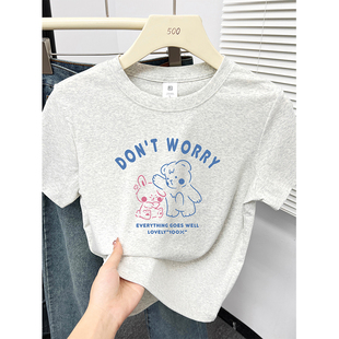 白灰色小熊兔子印花圆领短袖女夏季新款大码百搭正肩T恤半袖上衣