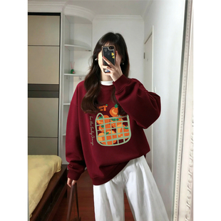 无帽套头衫 加绒加厚宽松大码 上衣 酒红色圆领卫衣女秋冬季 2026新款