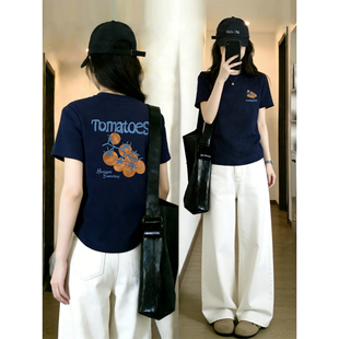 t恤女夏季 短袖 胖mm前后印花圆领显瘦上衣 藏蓝色正肩大码 2026爆款