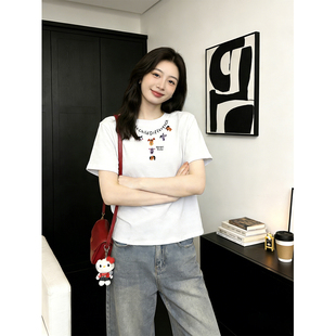 白色正肩短袖t恤女2026新款韩版胖mm大码穿搭洋气设计感圆领上衣