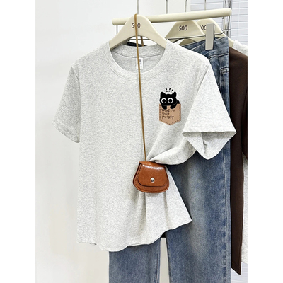 小猫减龄印花圆领正肩短袖t恤潮