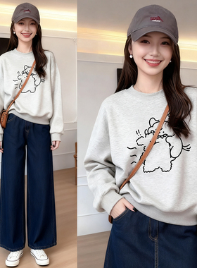 白灰色圆领无帽正肩卫衣女2025新爆款宽松加绒加厚卡通印花上衣冬