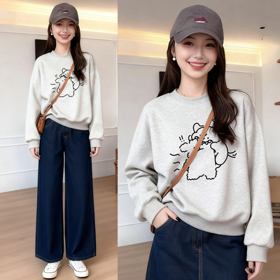 白灰色圆领无帽正肩卫衣女2025新爆款宽松加绒加厚卡通印花上衣冬