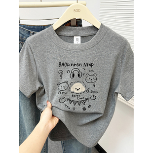 胖MM正肩设计感时尚 花灰色大码 新款 t恤女夏季 百搭圆领上衣潮 短袖