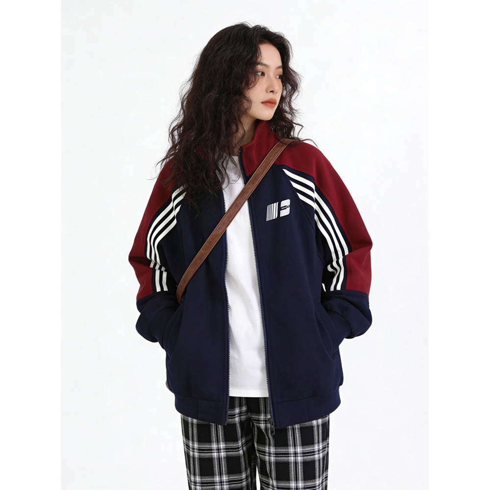 潮牌插肩条杠立领开衫卫衣男女秋冬季设计感撞色宽松大码情侣外套