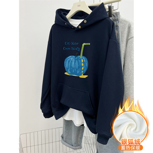 藏青色加绒加厚纽扣连帽卫衣女秋冬季 套头设计感上衣 潮流宽松大码