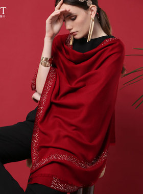 PASHMINA羊绒围巾四边手工贴烫璀璨耀眼进口奥钻装饰欧美长款披肩