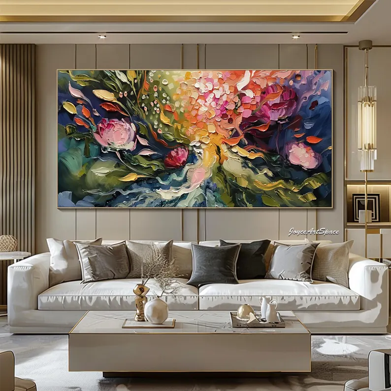 大芬村纯手绘油画抽象花卉肌理感轻奢客厅装饰画卧室餐厅挂画壁画图片
