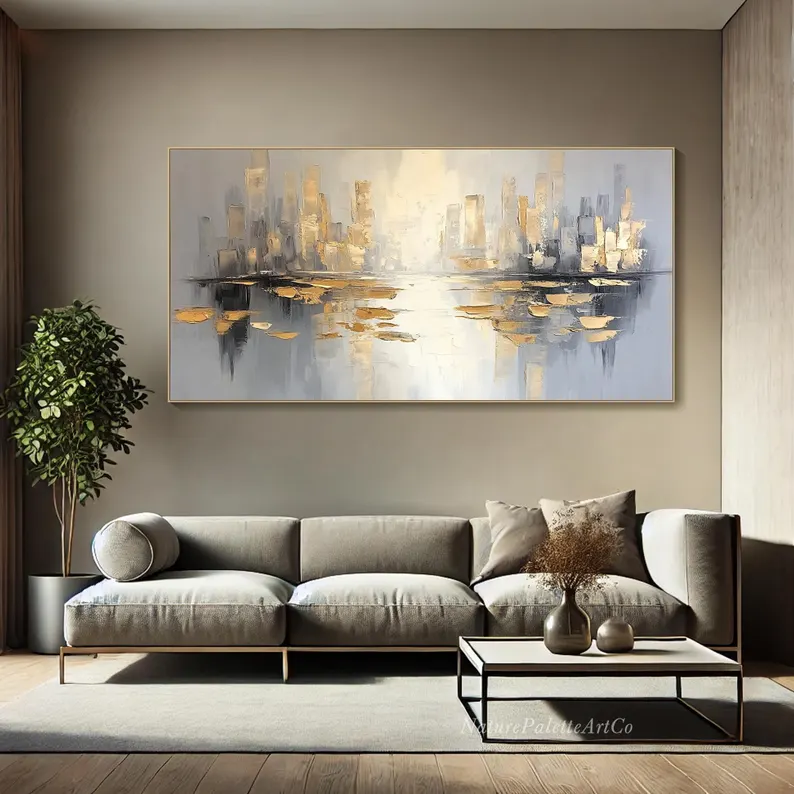 大芬村纯手绘油画金箔抽象城市建筑风景客厅装饰画办公室书房挂画图片