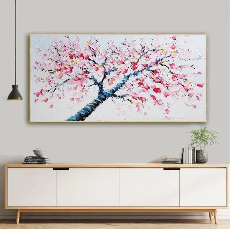 大芬村纯手绘油画抽象粉红色发财树小清新客厅装饰画卧室餐厅挂画图片