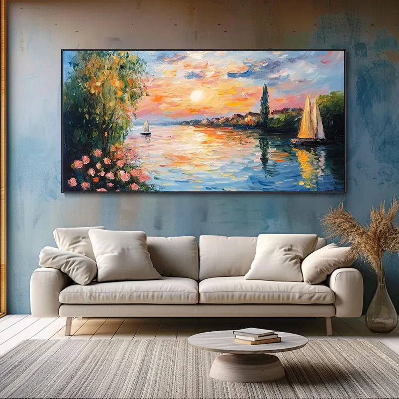 大芬村手绘油画抽象花卉帆船山水风景客厅装饰画横版卧室餐厅挂画图片