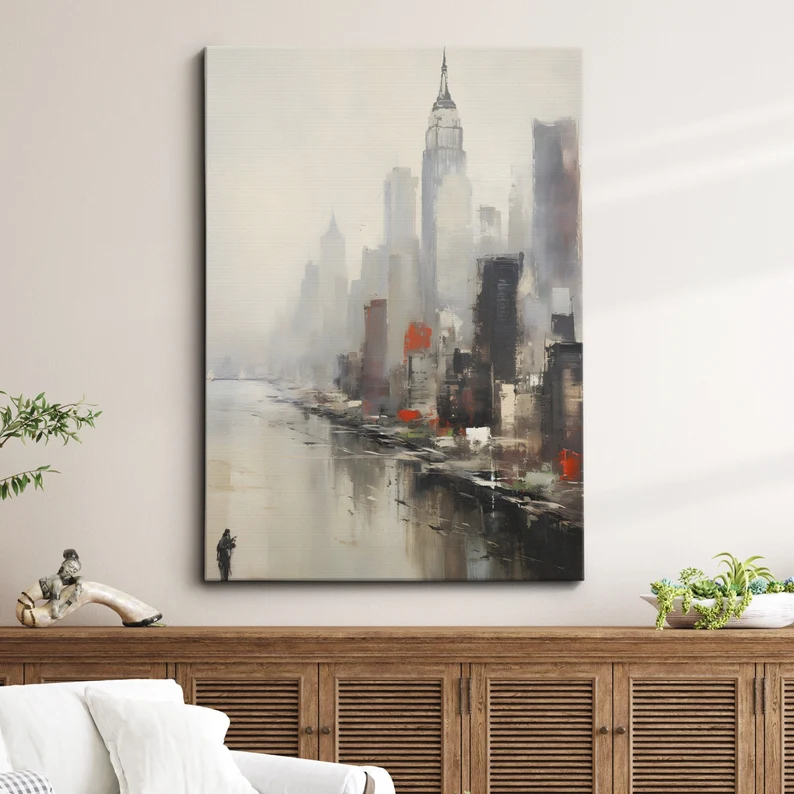 大芬村纯手绘油画抽象城市建筑风景客厅装饰画侘寂风玄关走廊挂画图片