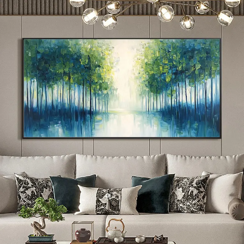 大芬村手绘油画绿色抽象树林风景客厅挂画横版卧室餐厅肌理装饰画图片