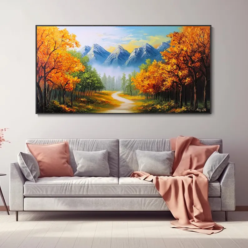 大芬村纯手绘油画抽象树林风景背有靠山客厅装饰画办公室书房挂画图片