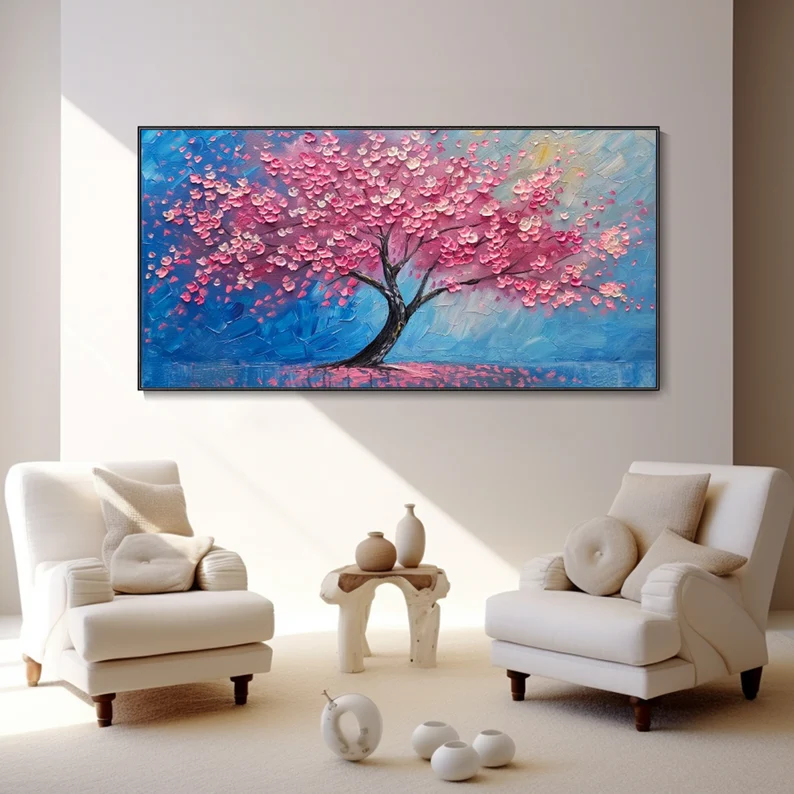 大芬村手绘油画抽象粉红色发财树客厅横版装饰画立体卧室轻奢挂画图片
