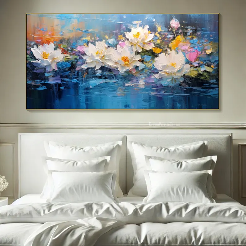 大芬村手绘油画抽象花卉荷花客厅装饰画轻奢餐厅卧室花开富贵挂画图片
